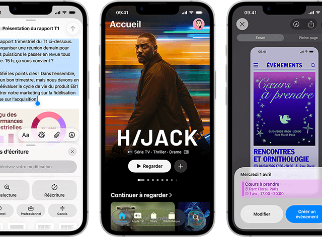 Plusieurs iPhone 17e côte à côte affichant des écrans différents : un jeu en cours d’utilisation, les Outils d’écriture, l’app Apple TV, la création d’un évènement de calendrier et d’un Genmoji