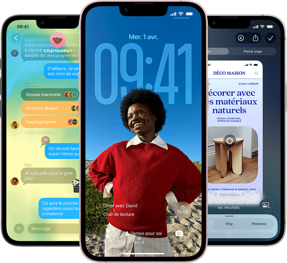 Trois iPhone 17e affichant l’app Messages avec le design Liquid Glass, l’écran verrouillé dynamique et Intelligence visuelle en cours d’utilisation