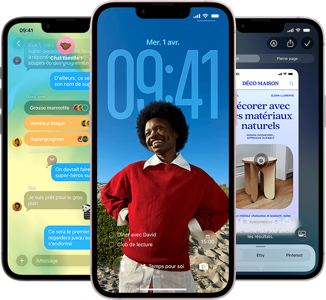 Trois iPhone 17e affichant l’app Messages avec le design Liquid Glass, l’écran verrouillé dynamique et Intelligence visuelle en cours d’utilisation